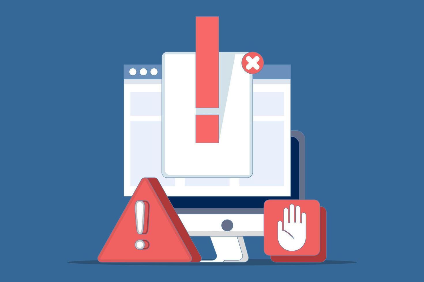 Online Fraud Warning Concept Data Warning Message or Exclamation Mark Danger Warning Cyber Risk Fraud on Digital Internet Sites Laptop Computer PC, Unsecured Network Virus Attack. flat illustration. vector