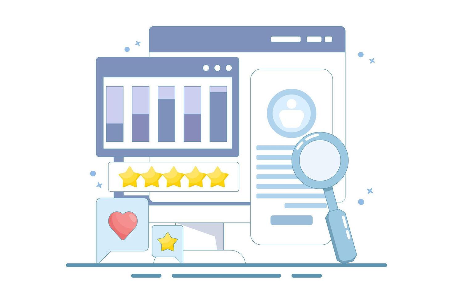 Customer analysis software concept, business intelligence, website report, customer data analysis, website traffic, data graph diagram, customer profile interface. flat cartoon design illustration. vector