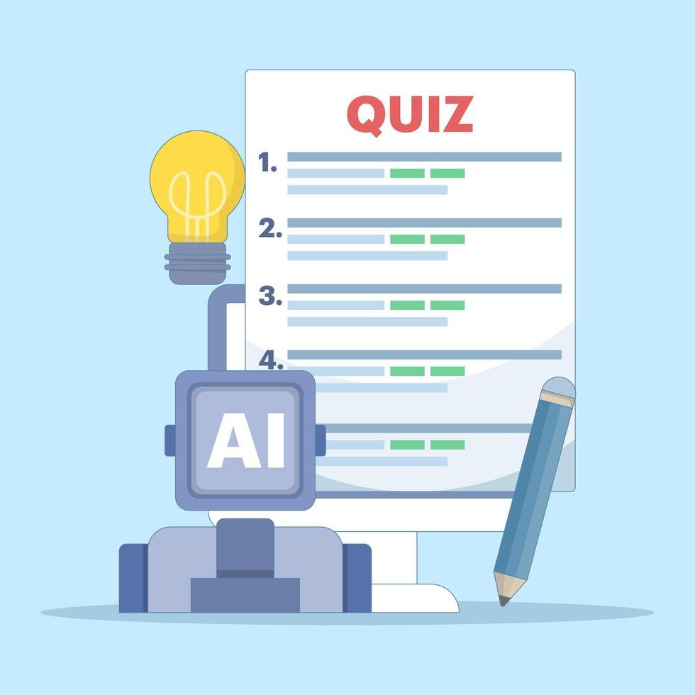 technology concept for answering questions. answering questions with the help of AI or artificial intelligence. illustration of asking a robot for help to answer a quiz. flat design illustration. vector