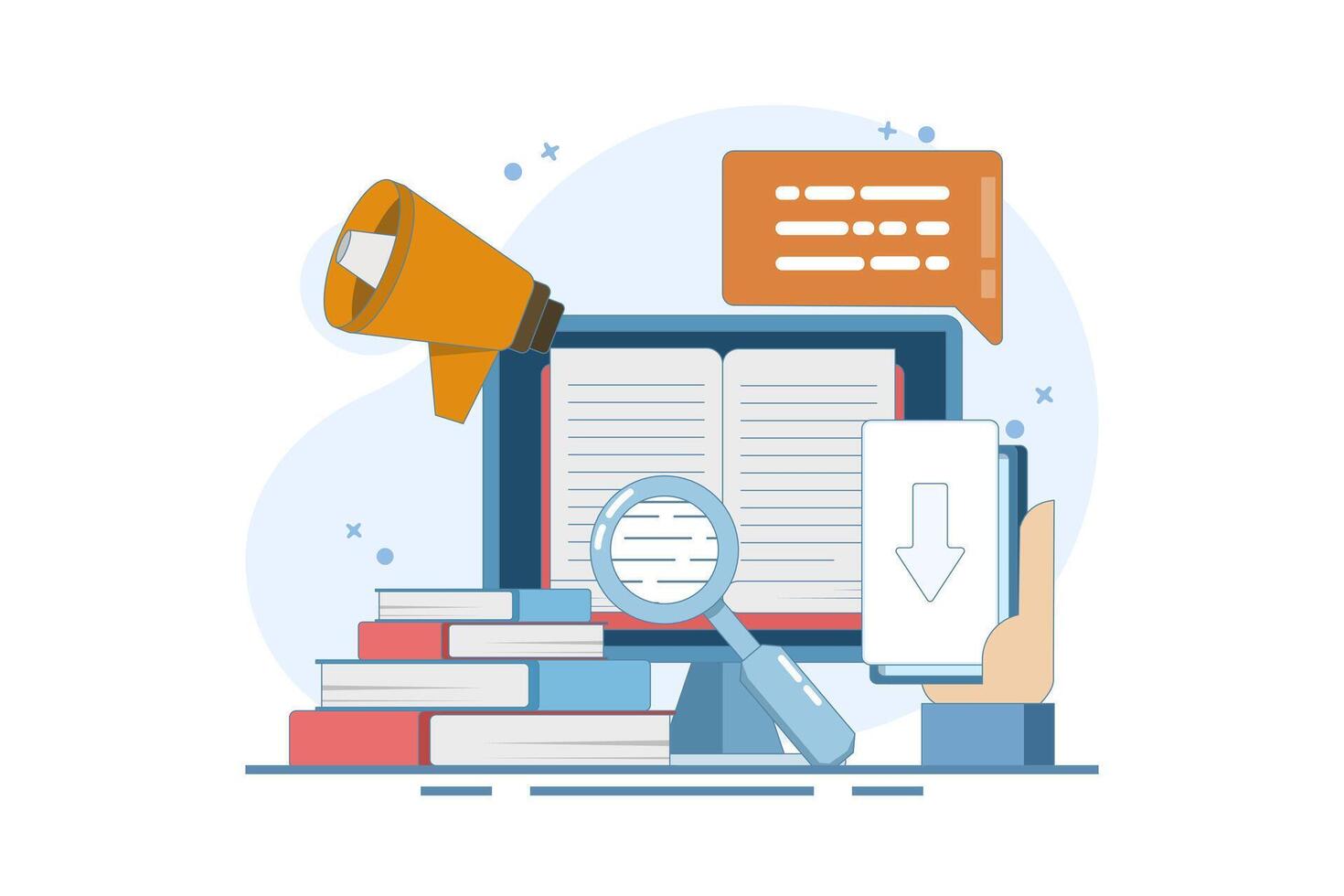 Concept of downloading e-books from the internet, reading e-books, marketing e-books for business promotion. E-book marketing campaign. Flat illustration with icons on the background. vector