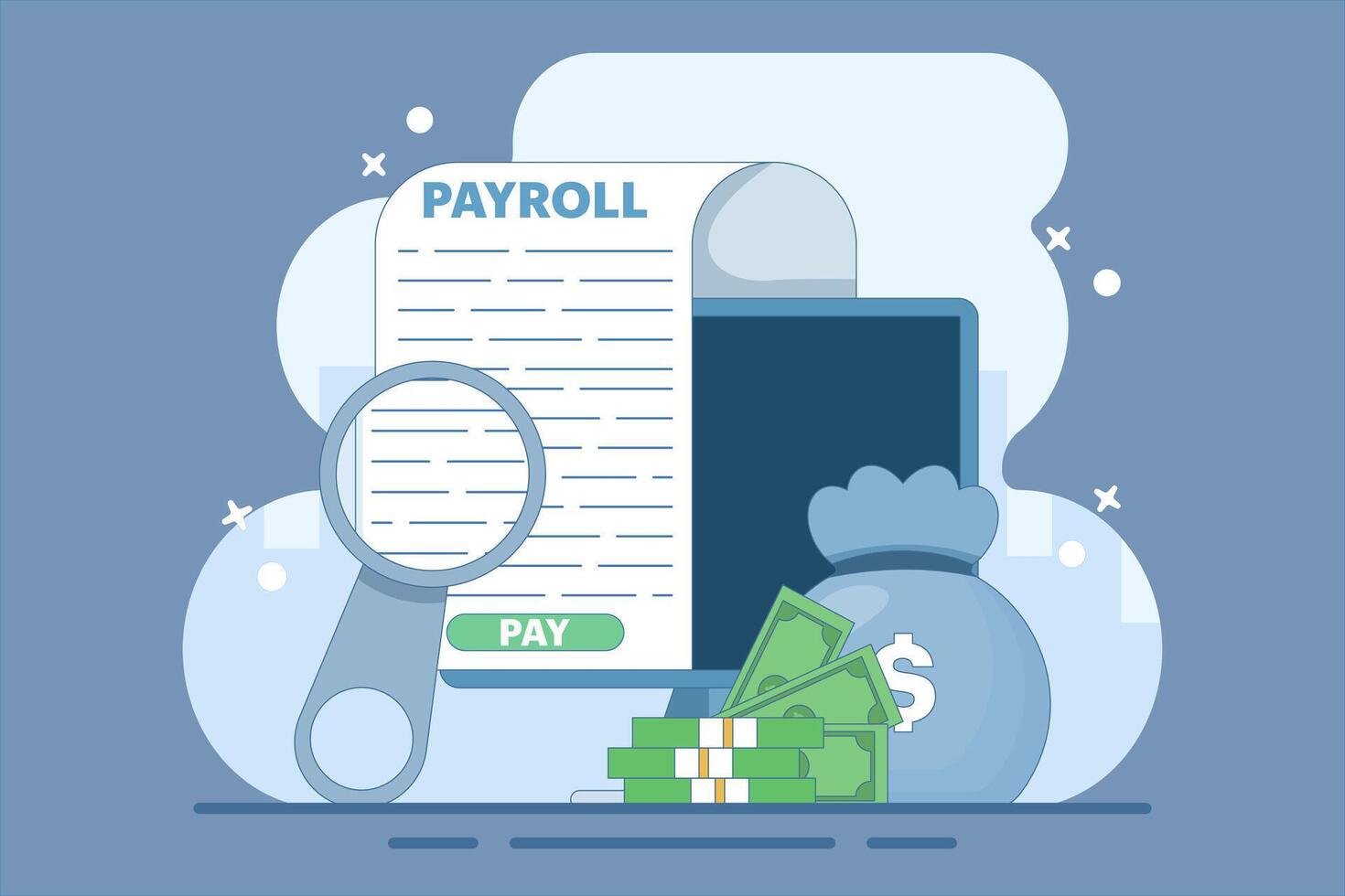 salary payment concept. Invoice paper. payroll, invoice sheet. Payroll template, calculate salary, budget concept. Top view. Cartoon design illustration in the background. vector