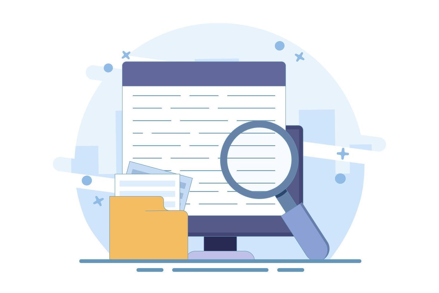 Concept of expertise review in online text research content on computer, analysis of digital document file examination on computer, search for legal evidence information. cartoon design illustration. vector