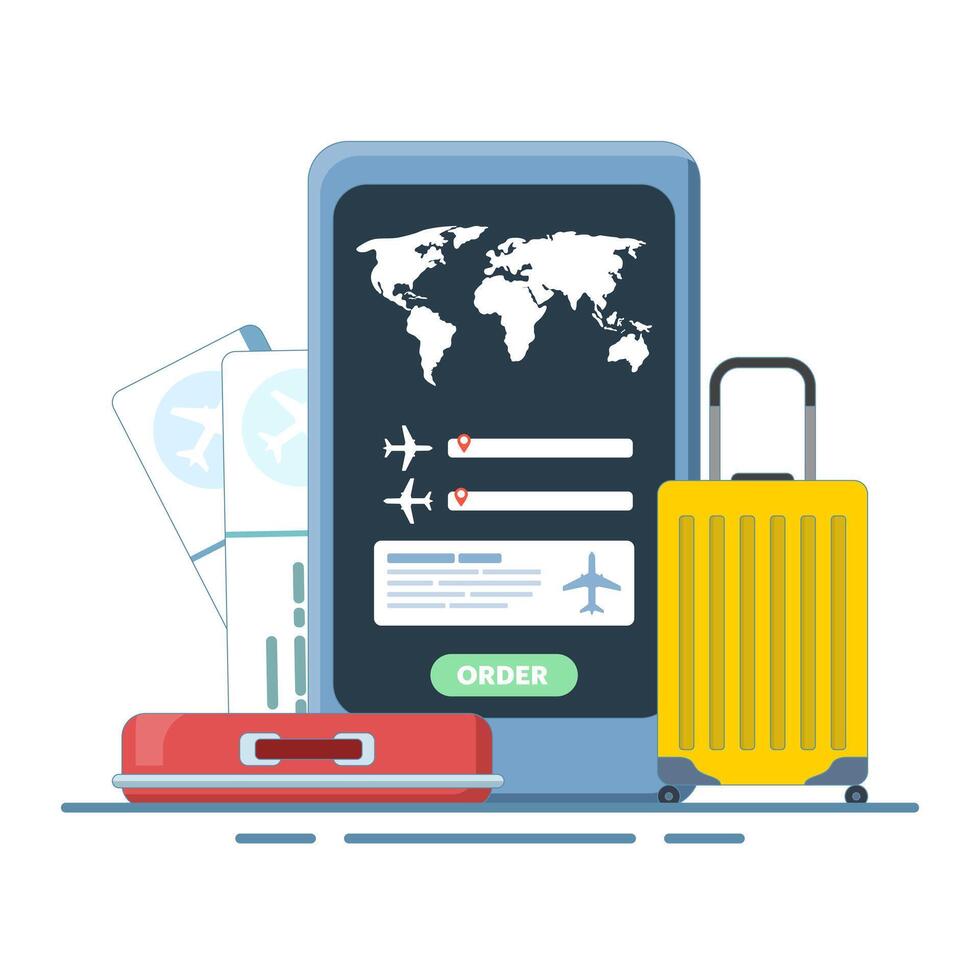 Concept Mobile application for buying tickets with a smartphone. Booking airline tickets. Planet Earth, airline tickets and luggage. Travel, business trip. Design illustration vector