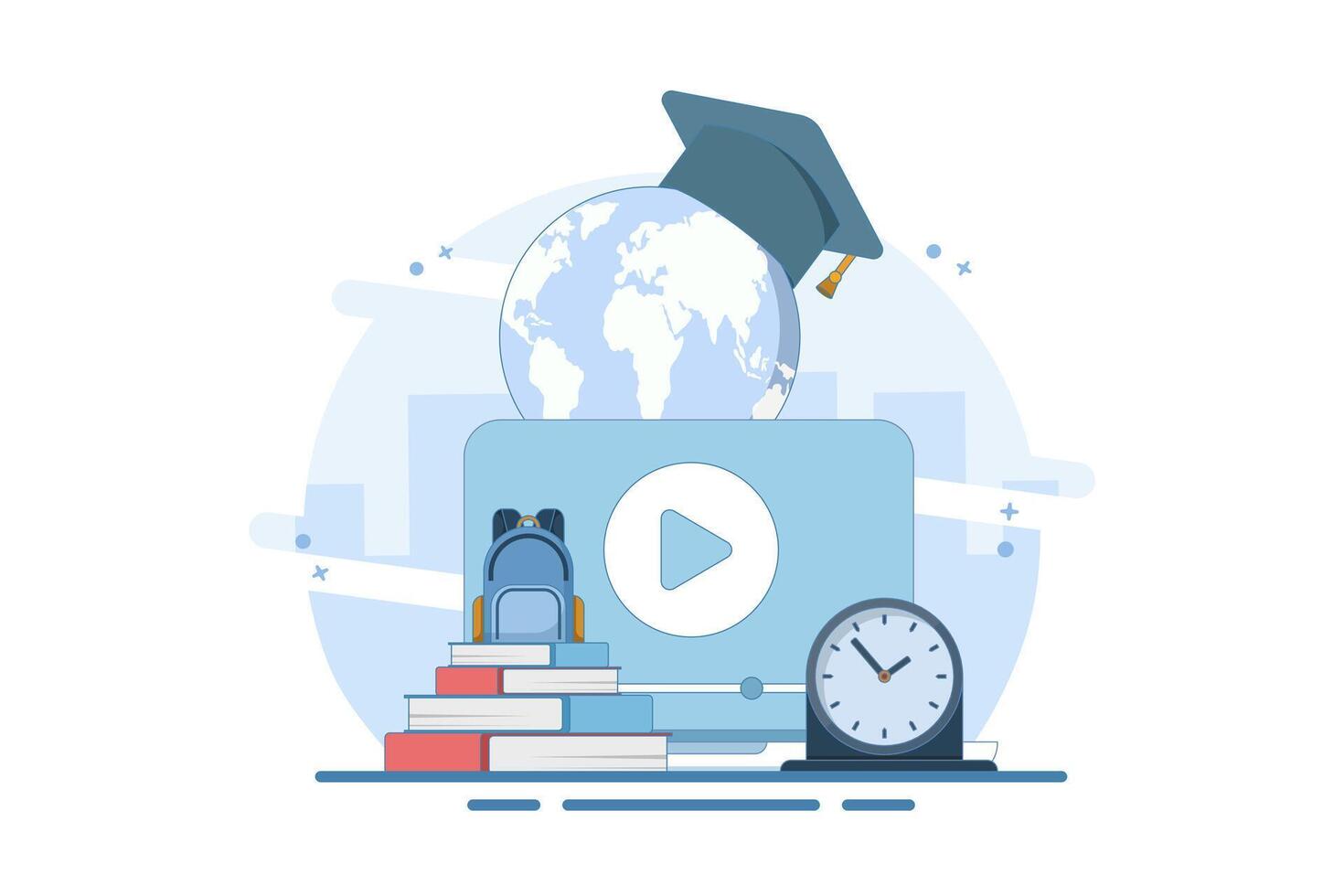 Online education concept, Laptop with world map, graduation cap, books, digital marketing, online courses, distance learning, self-education, digital library. flat design illustration on background. vector