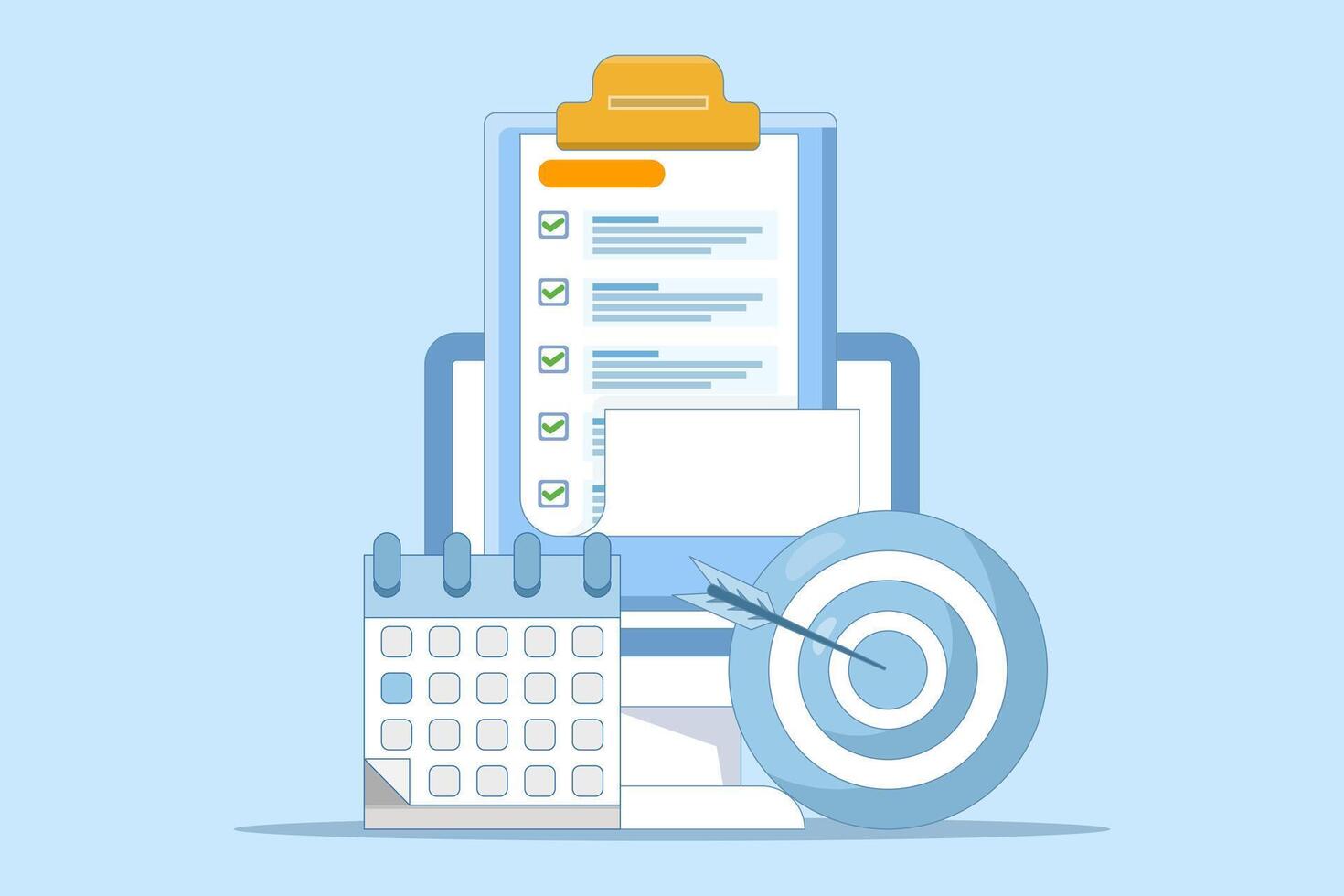 achievement concept. list of goals or future actions on the device screen. arrow right on target and calendar near the smartphone. flat illustration on the background. vector