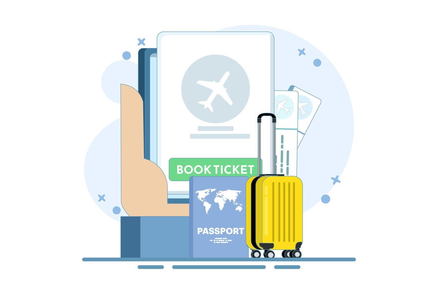 Concept Mobile application for buying tickets with a smartphone. Booking airline tickets. Planet Earth, airline tickets and luggage. Travel, business trip. Modern illustration in the background. vector
