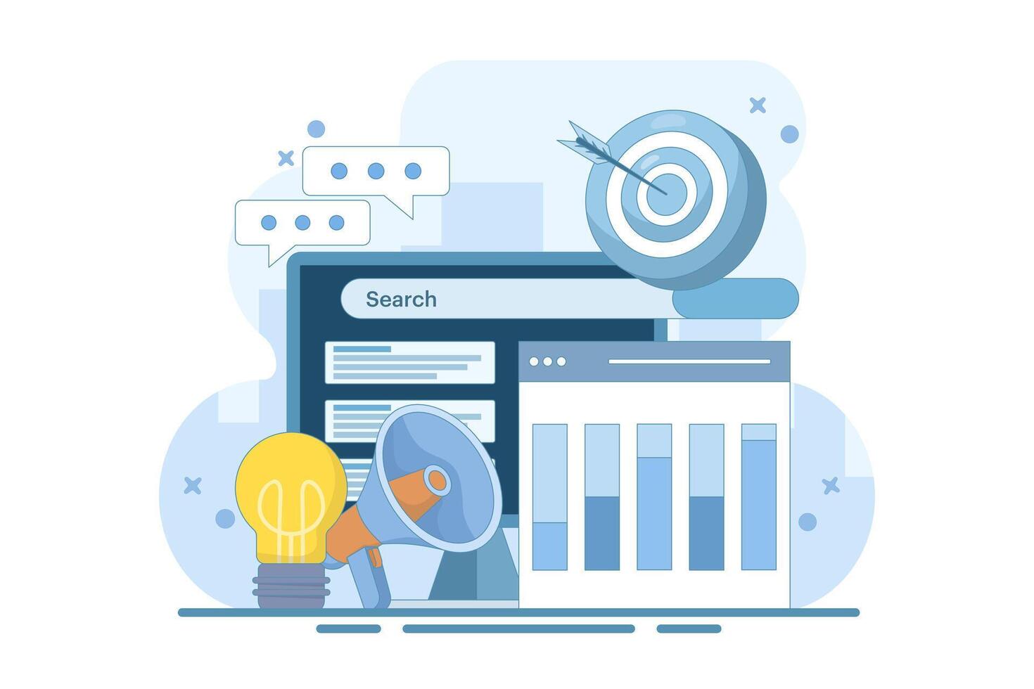 SEO and SMM optimization concept. Digital marketing, SMM digital web technology. Improve search engine ranking, Search engine traffic, Testing website SEO, Cartoon flat illustration design. vector