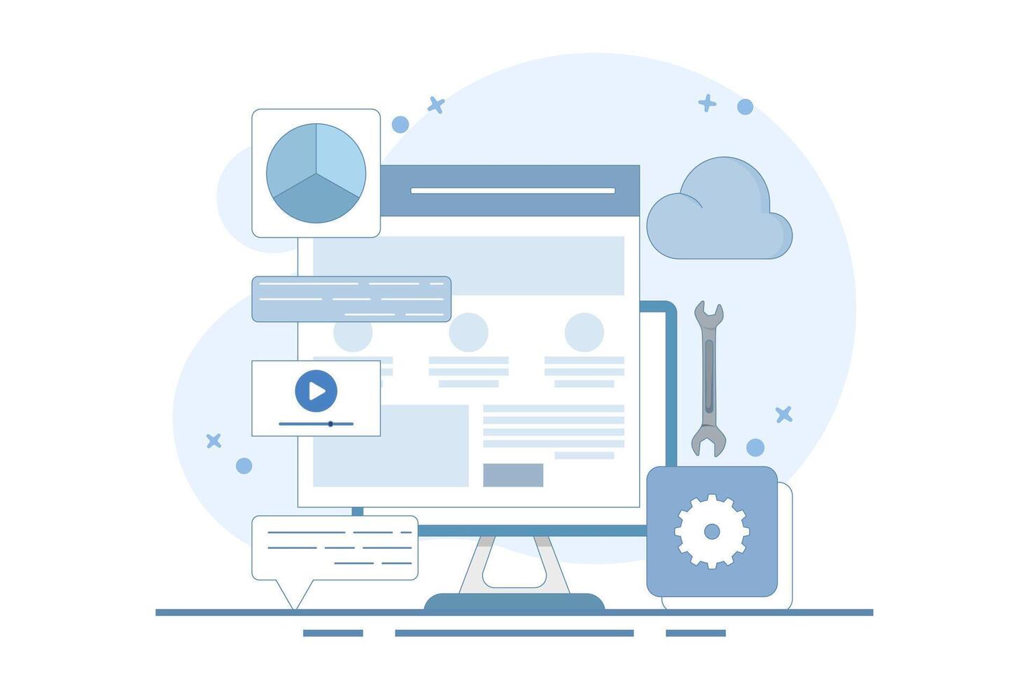 Content management system concept, website CMS, CMS development. Software used to create, manage and publish digital content. Design illustration with icons on background. vector