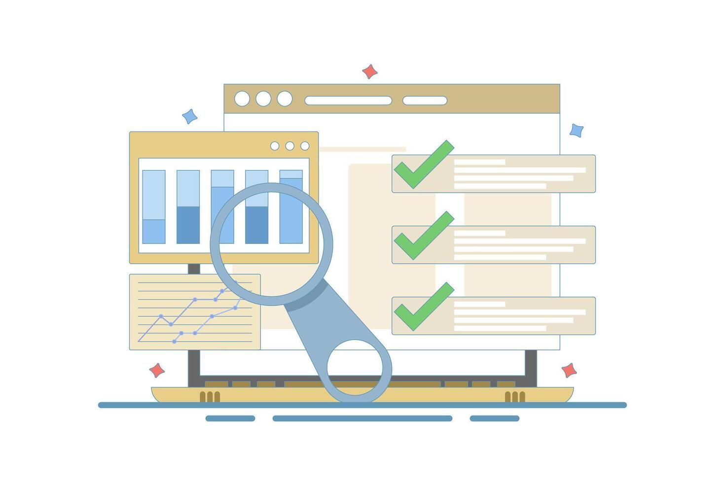 Sales data growth graph analysis report concept on computer or pc with audit and success notification, online analytics technology graph idea or internet statistics. Design illustration. vector