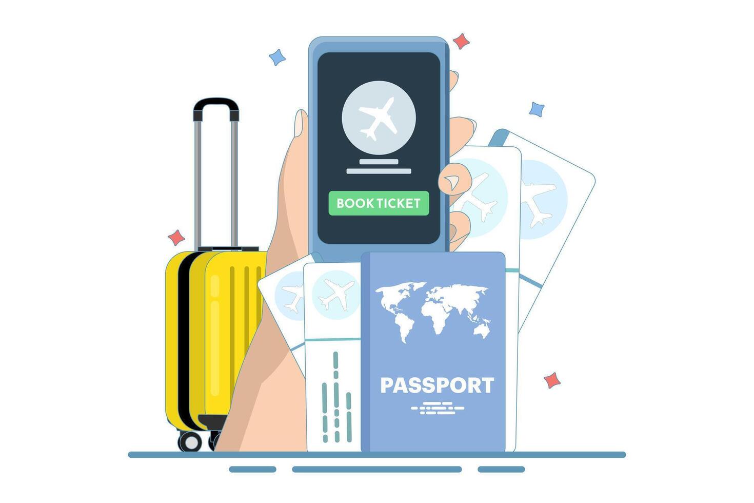 Concept Mobile application for buying tickets with a smartphone. Booking airline tickets. Planet Earth, airline tickets and luggage. Travel, business trip. Flat design illustration vector