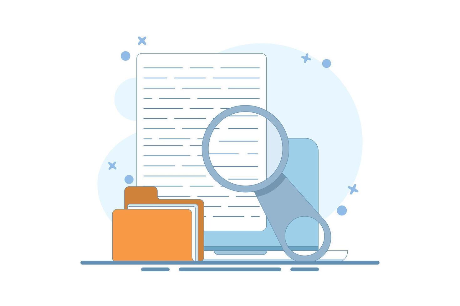 Concept of expertise review in online text research content on computer, analysis of digital document file examination on computer, legal evidence information search. flat design illustration. vector