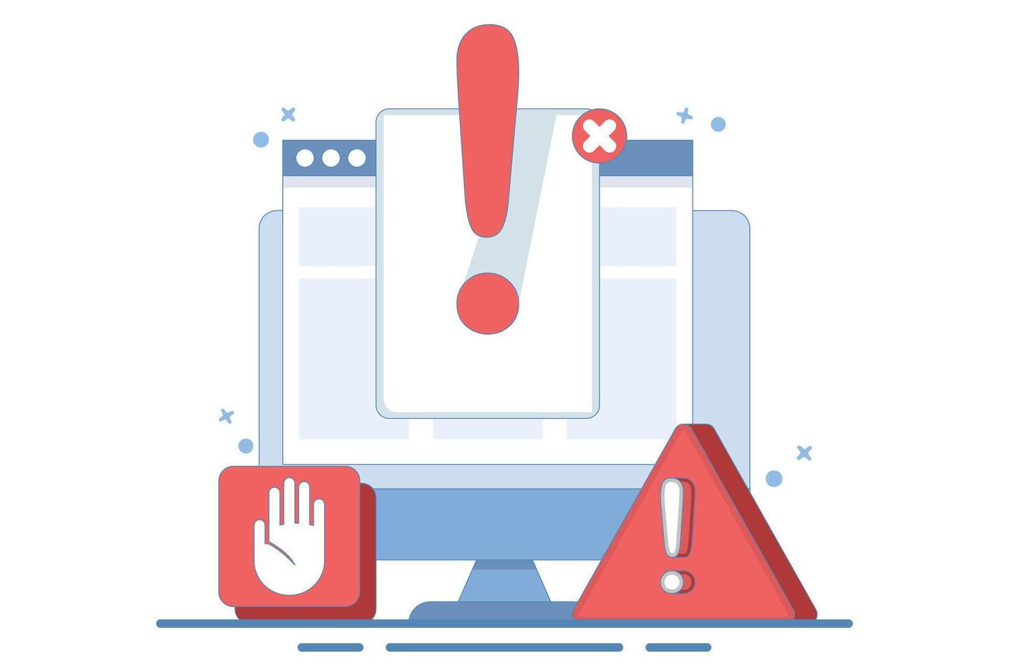 Online Fraud Warning Concept Data Warning Message or Exclamation Mark Danger Warning Cyber Risk Fraud on Digital Internet Sites Laptop Computer PC, Unsecured Network Virus Attack. illustration. vector