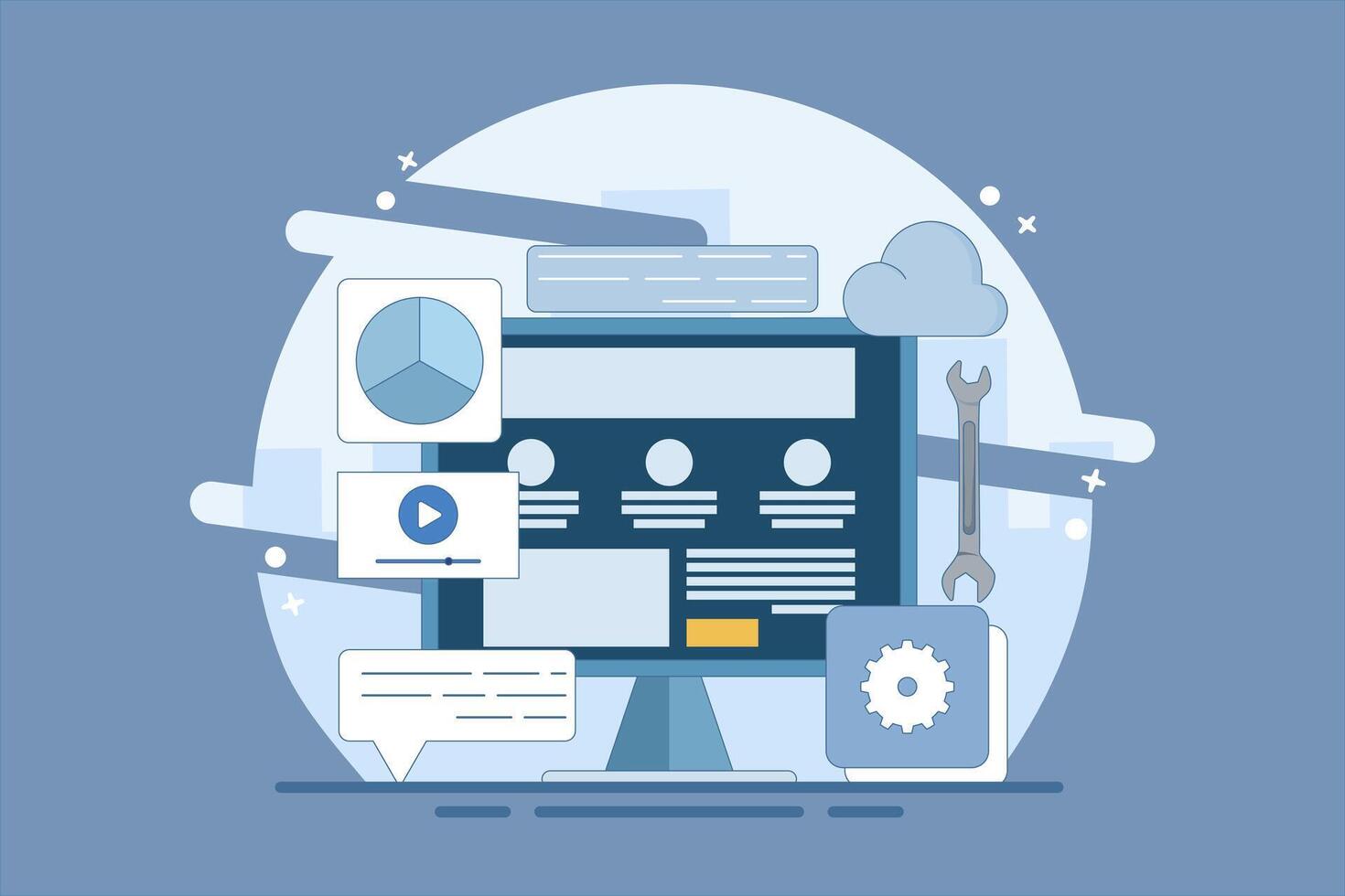 Content management system concept, website CMS, CMS development. Software used to create, manage and publish digital content. Cartoon design illustration with icons. vector