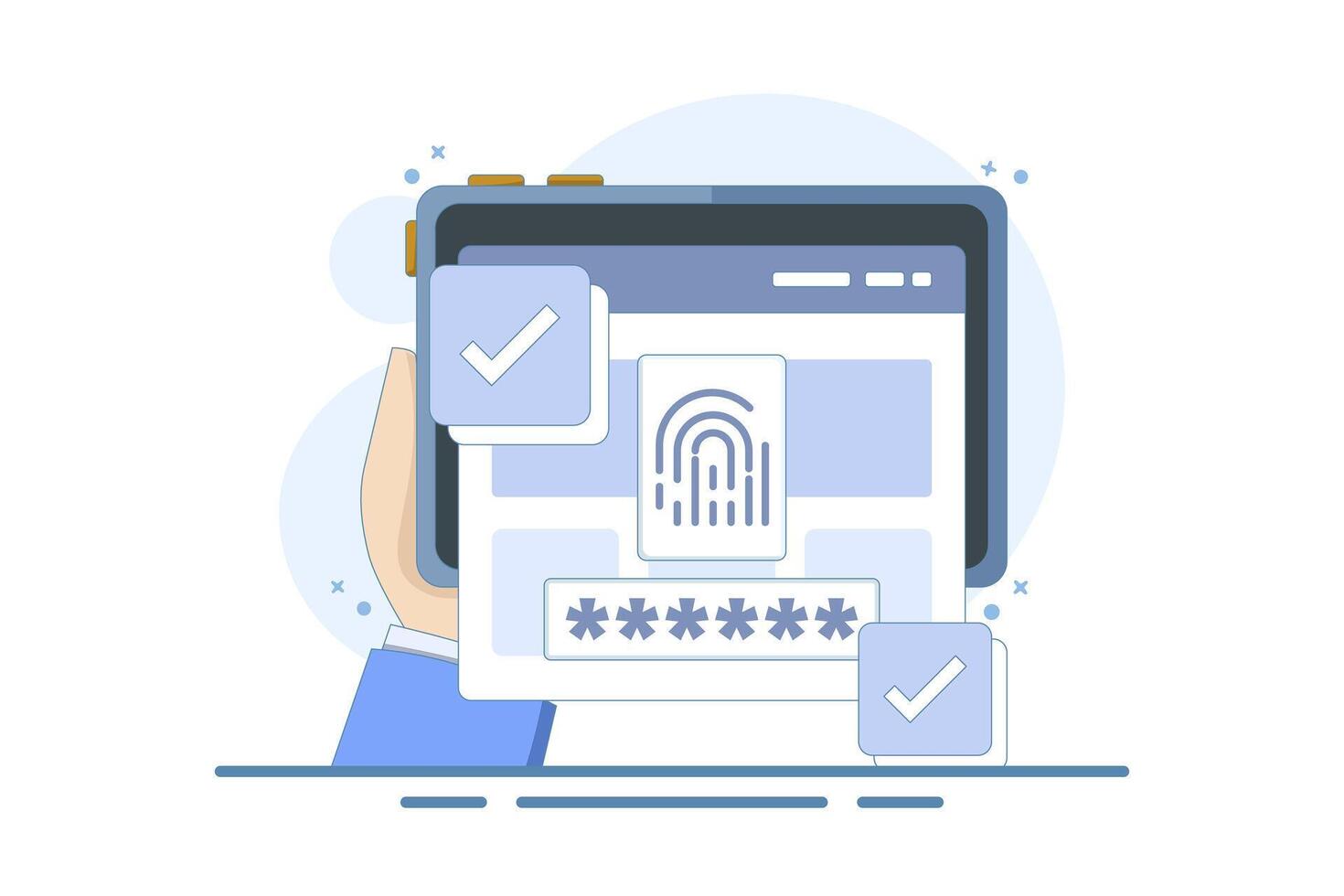 Fingerprint security identification concept via digital biometric sensor. Online fingerprint on computer or internet, secure fingerprint authentication and access verification, flat illustration. vector