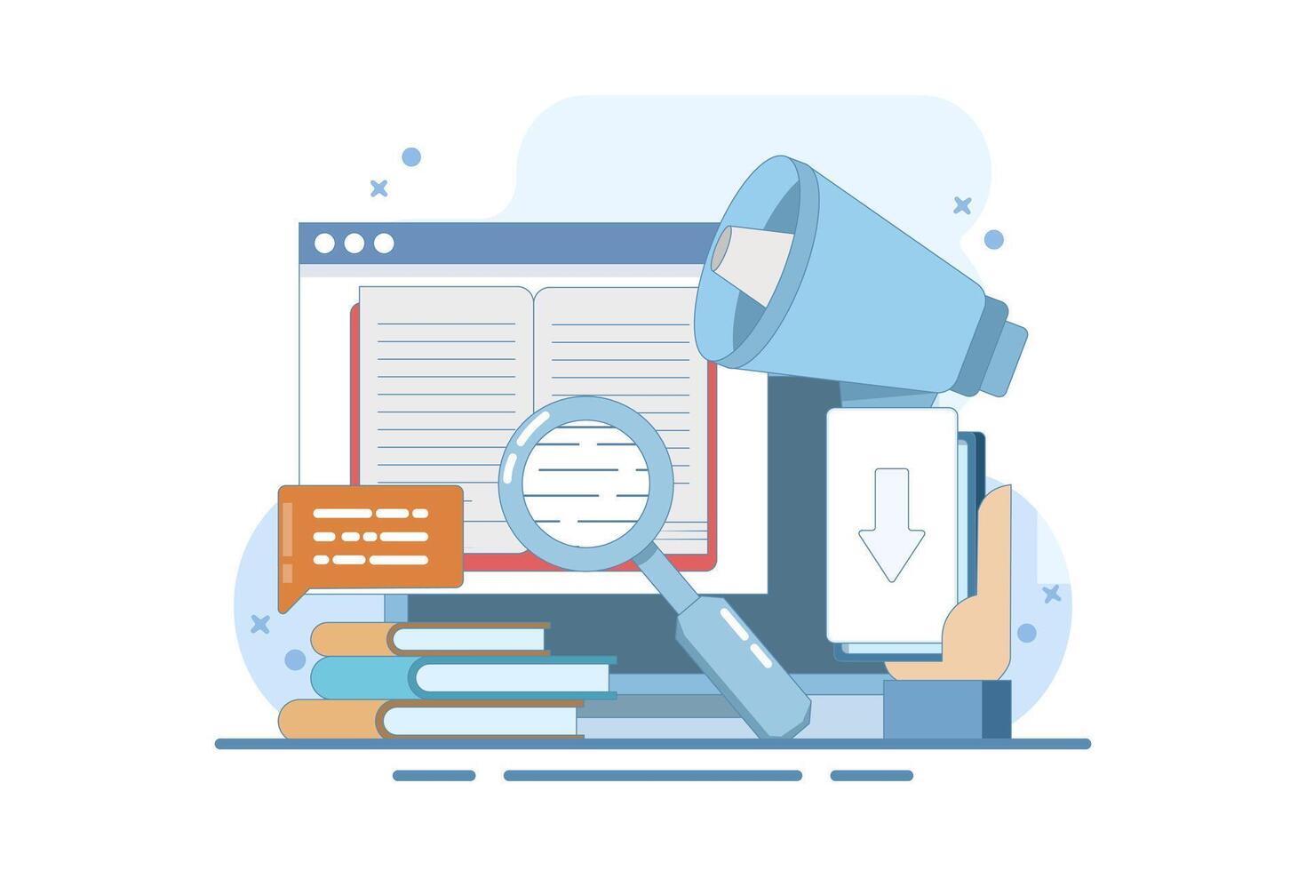 Concept of downloading e-books from the internet, reading e-books, marketing e-books for business promotion. E-book marketing campaign. Flat cartoon illustration with icons on the background. vector
