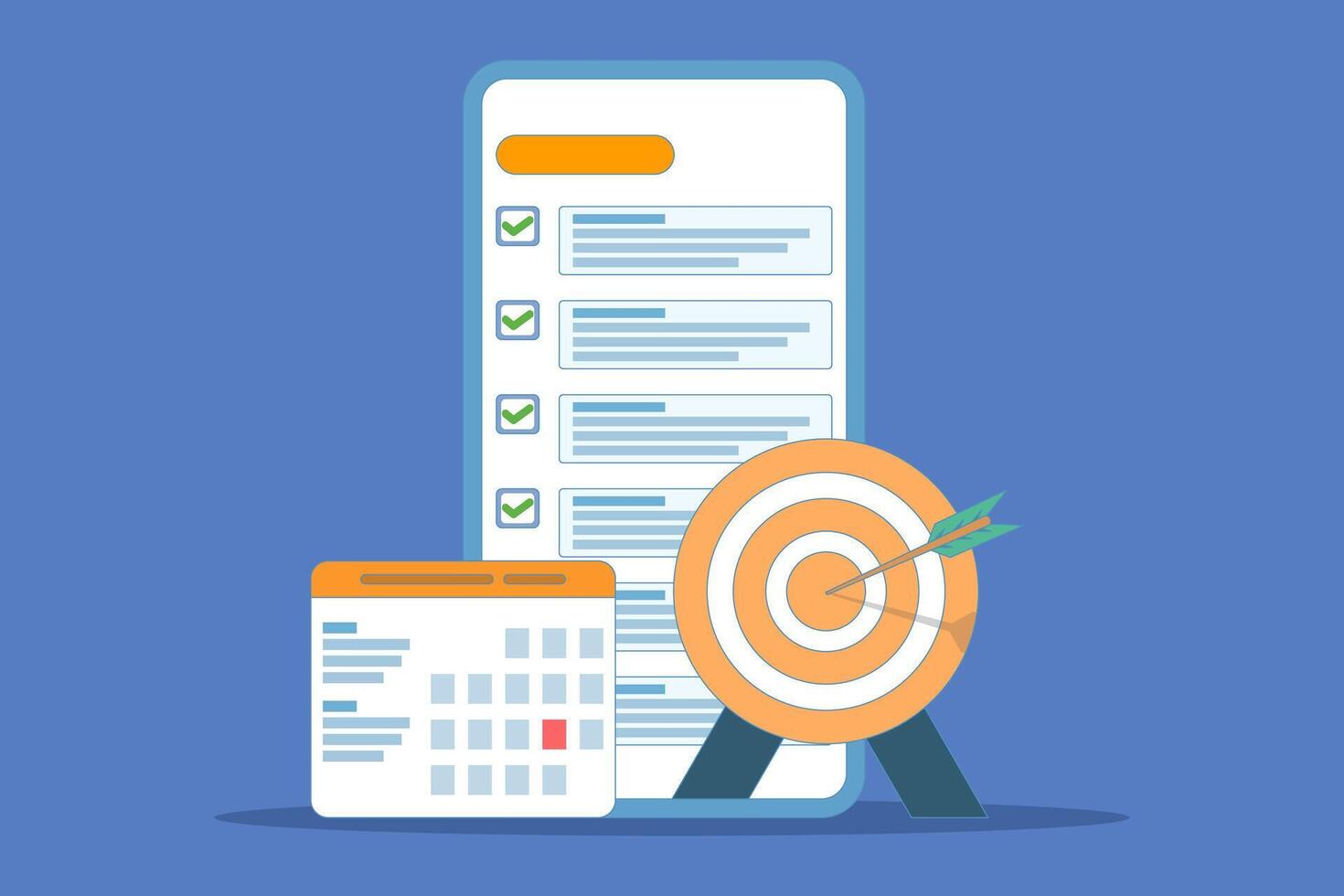 achievement concept. list of goals or future actions on the device screen. arrow right on target and calendar near the smartphone. illustration minimalist design flat on background. vector