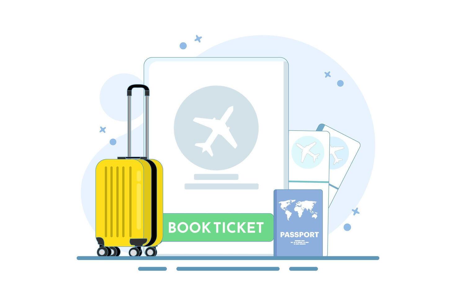 Concept Mobile application for buying tickets with a smartphone. Booking airline tickets. Planet Earth, airline tickets and luggage. Travel, business trip. Flat cartoon illustration on the background. vector