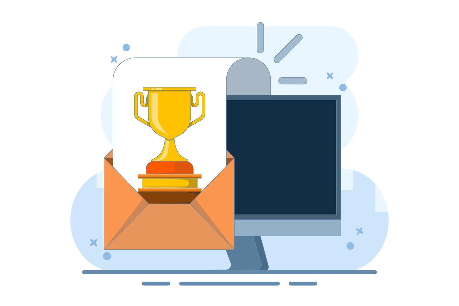 Concept of online web digital prize received via computer icon, electronic email winner, internet prize achievement, victory gold cup trophy, championship competition. simple illustration. vector