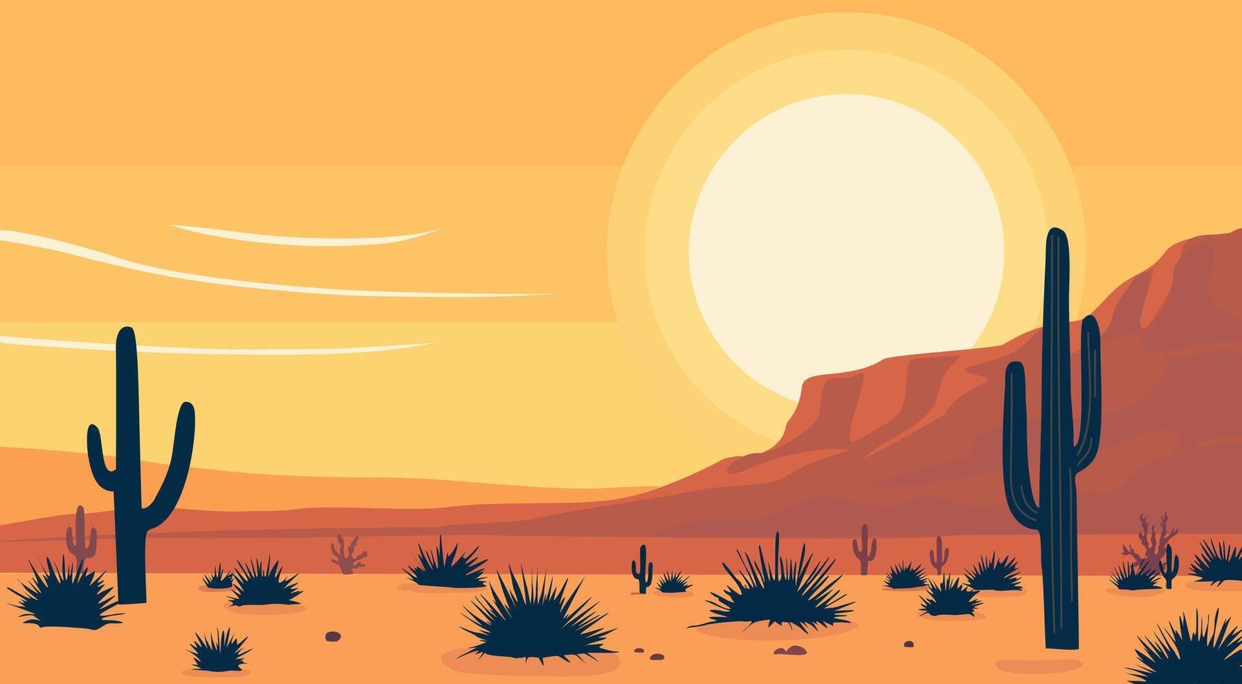 Landscape desert scene with a large sun in the sky vector