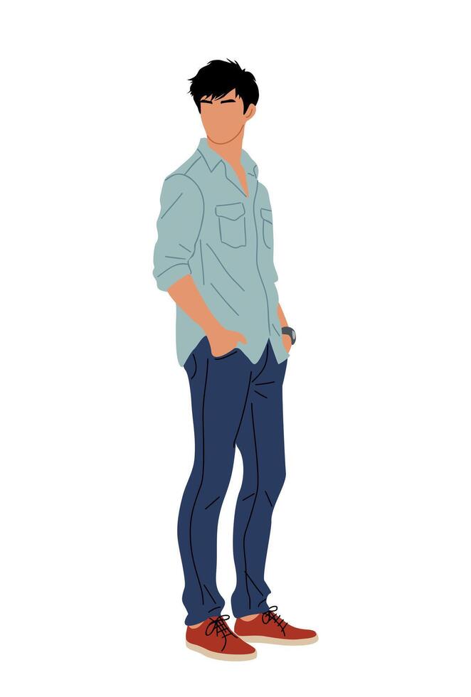 Young man standing in a blue shirt and blue jeans vector