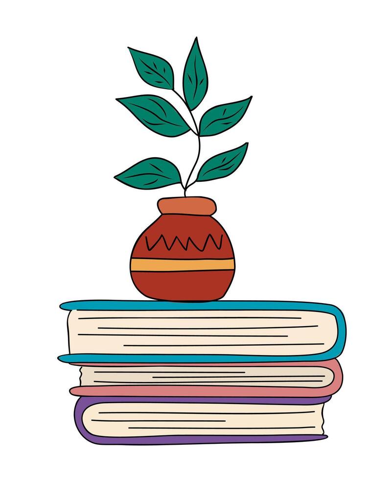 Composition with stack of books and branch in vase vector