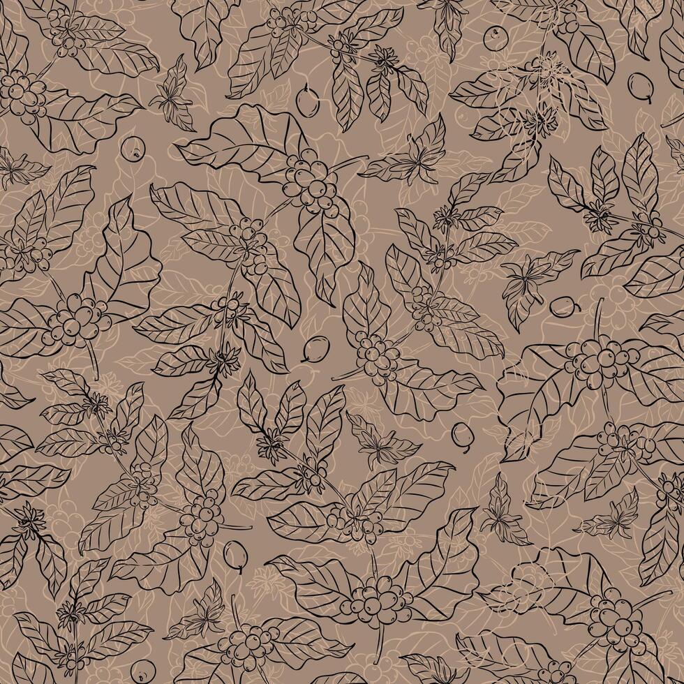 A seamless pattern featuring hand-drawn coffee branches, leaves, flowers, and beans in black outlines on a brown background, ideal for packaging and textiles. vector