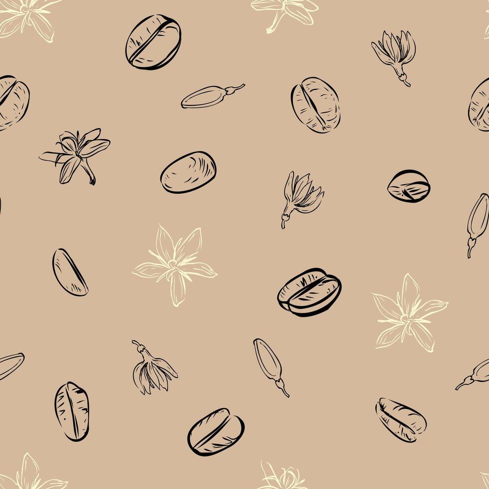 A seamless pattern featuring hand-drawn coffee beans, flowers, and buds on a beige background, perfect for packaging, textiles, and wallpaper designs. vector