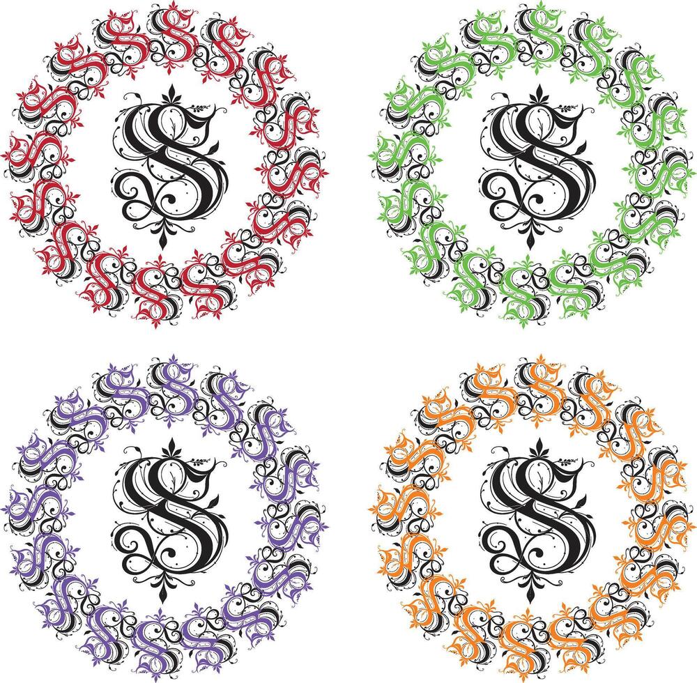 four different monograms of S letter in different colors vector