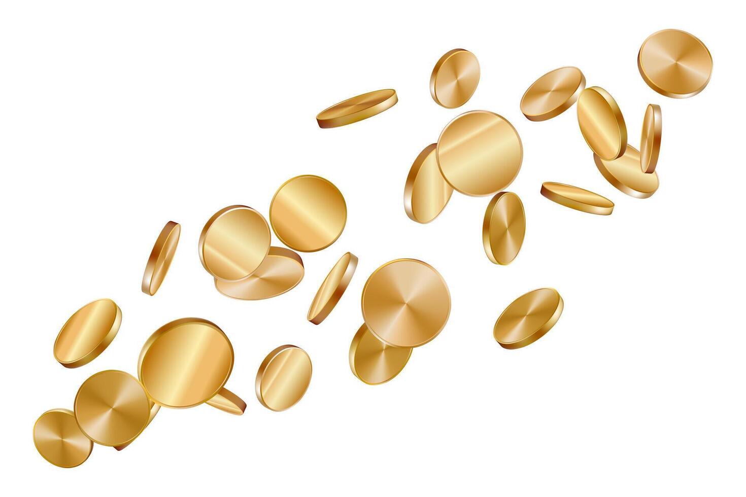 Gold coin flying 3d. Money spin side top view render. Golden insurance empty badge. Gamble slot isolated background. Casino prize explosion icon with falling game circle chips. Dollar cash jackpot vector