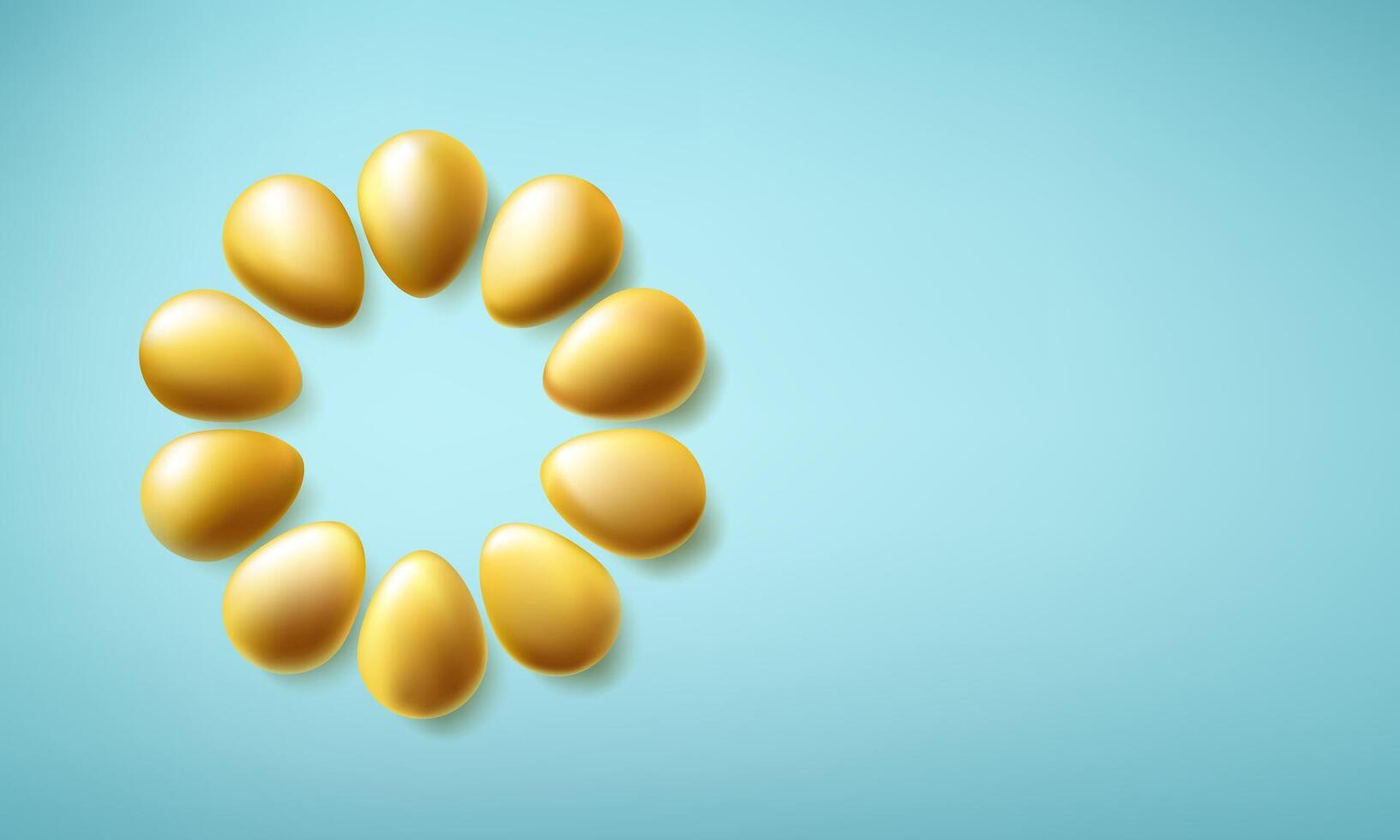 Easter golden egg round layout top view 3d illustration. Happy april metal isolated greeting card template. Spring realistic design on blue background. Graphic gift day poster. Minimal render vector
