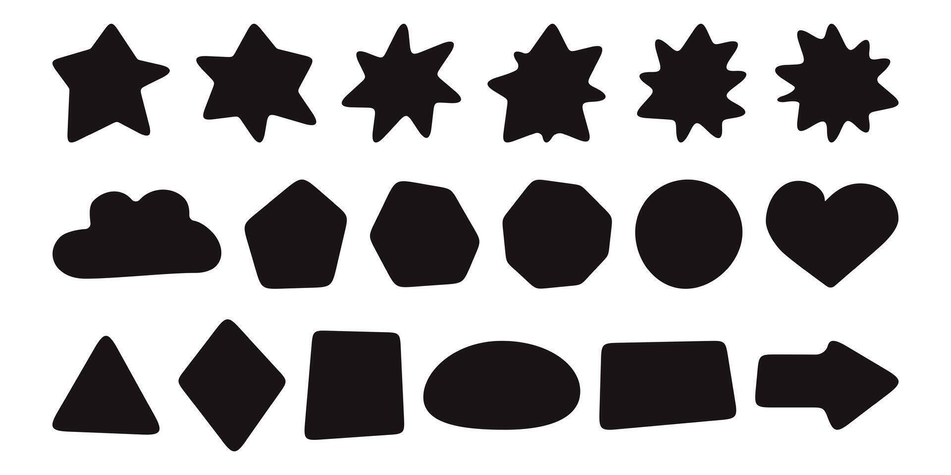 Rounded corner shapes. square, rectangle, hexagon, diamond geometric icons. Organic fun starburst arrow, squircle block infographic clipart. discount label card, free sticker, blob price tag. vector