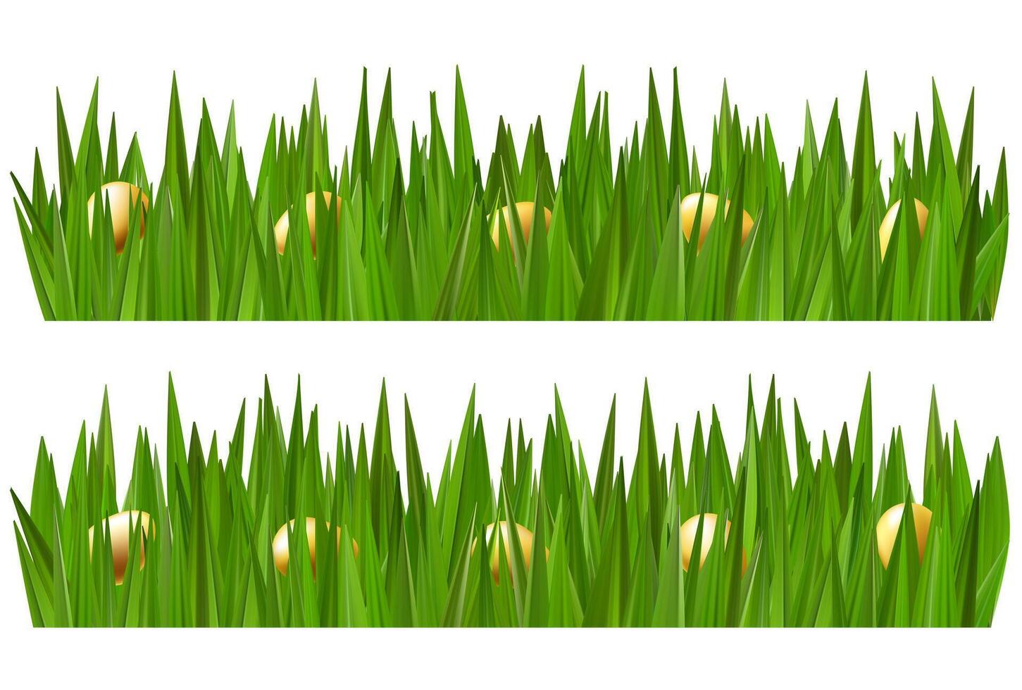Colored chocolate eggs in green grass. Easter field with chocolates hunt. Spring meadow happy child holiday. 3d banner border. Garden outdoors greeting, cute event gift concept. Blue cloudy sky vector