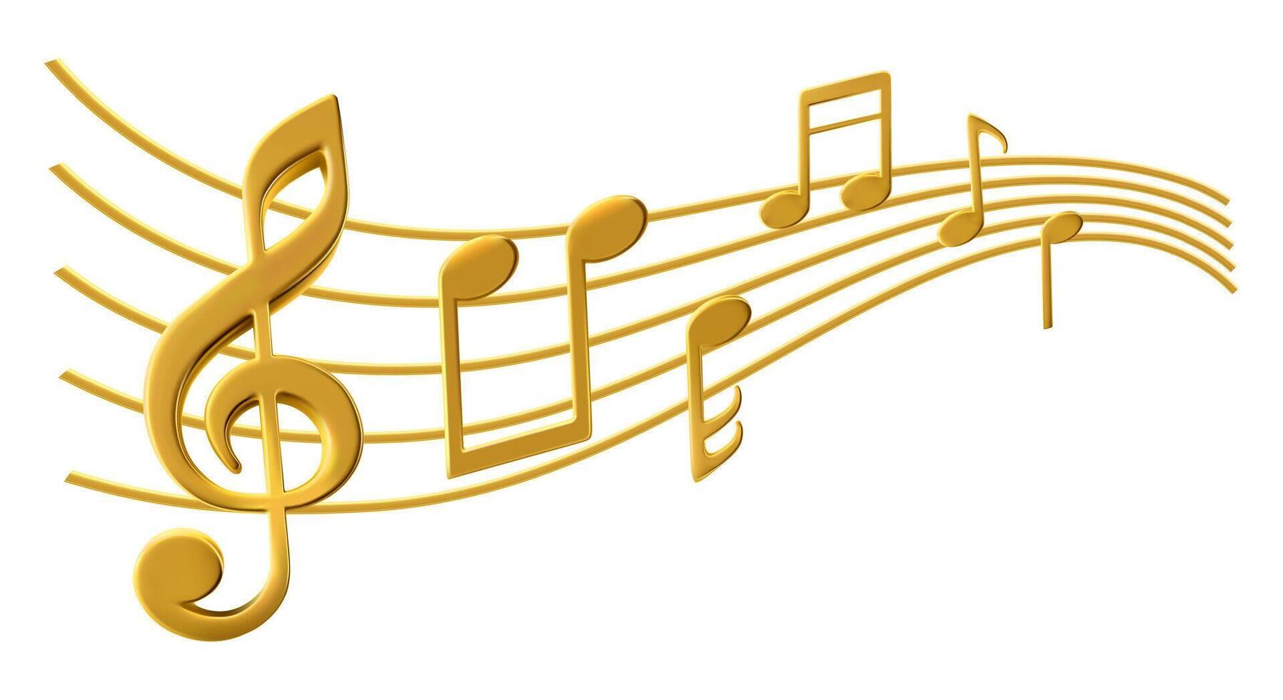 Golden treble clef, notes, classical keys melody sheet. Wavy gold lines swirl as melody flow. Jazz orchestra, violin and piano or vocal song concert. Curved metal logo shape on white background vector