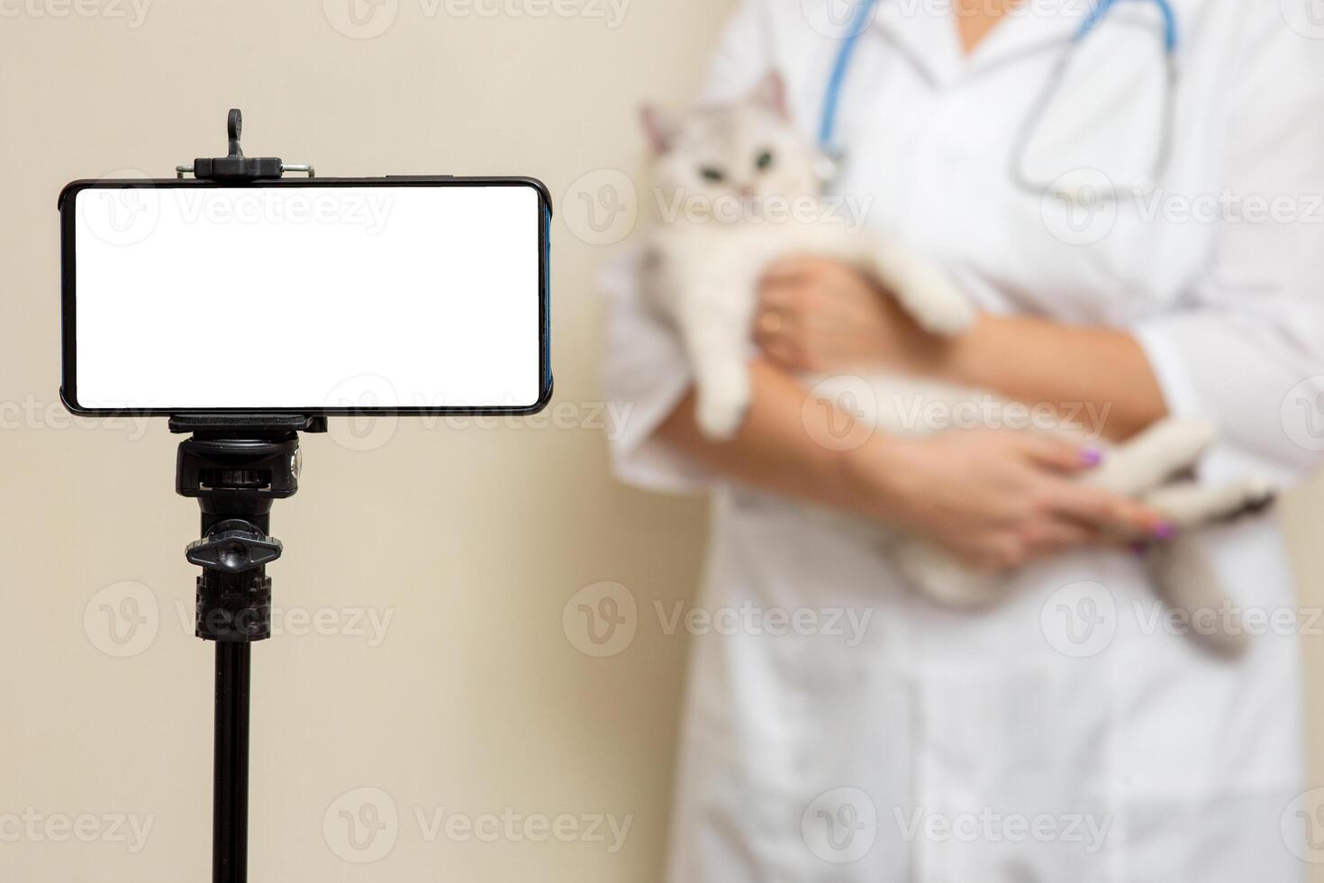 A smartphone with a white screen stands on a tripod, photo