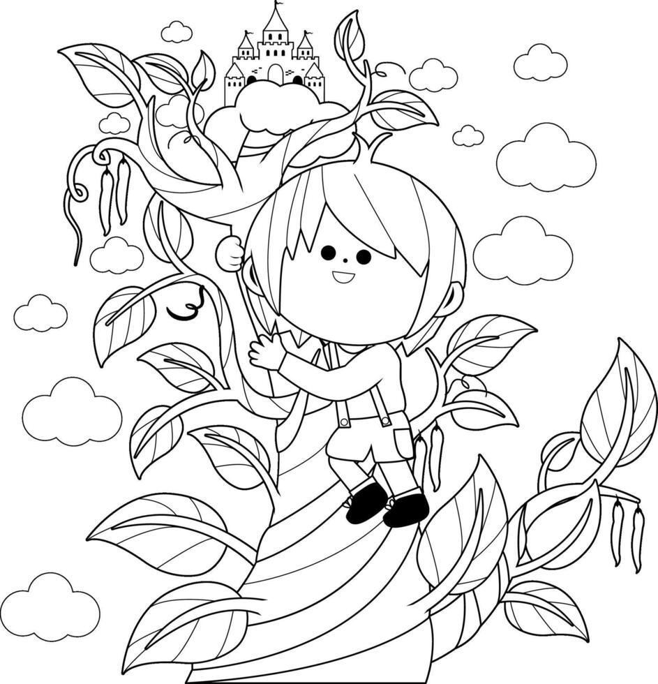 Fairy tale story book with magic beanstalk, castle in the clouds and Jack the boy. Jack climbing on the magic beanstalk. Black and white coloring page vector
