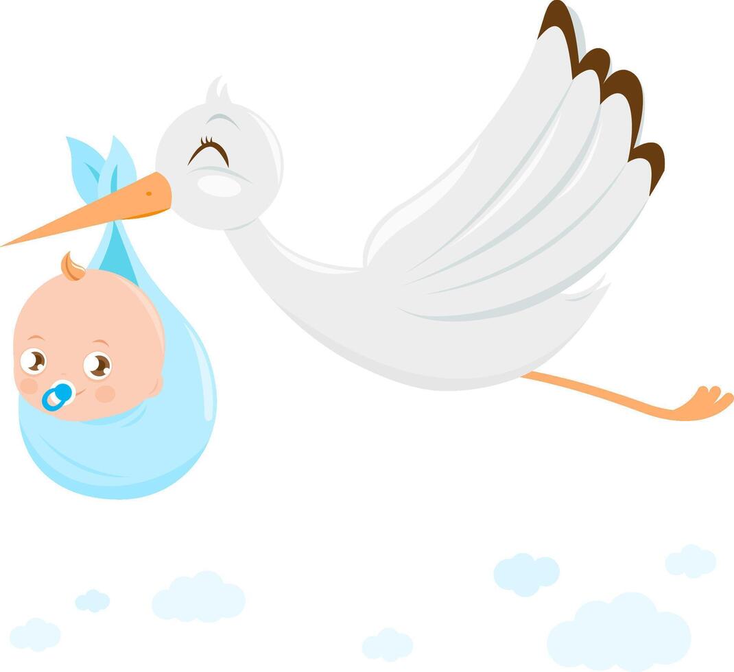 Stork delivering a new baby boy. Baby announcement. White stork carrying a cute baby. Delivery of a newborn baby. vector