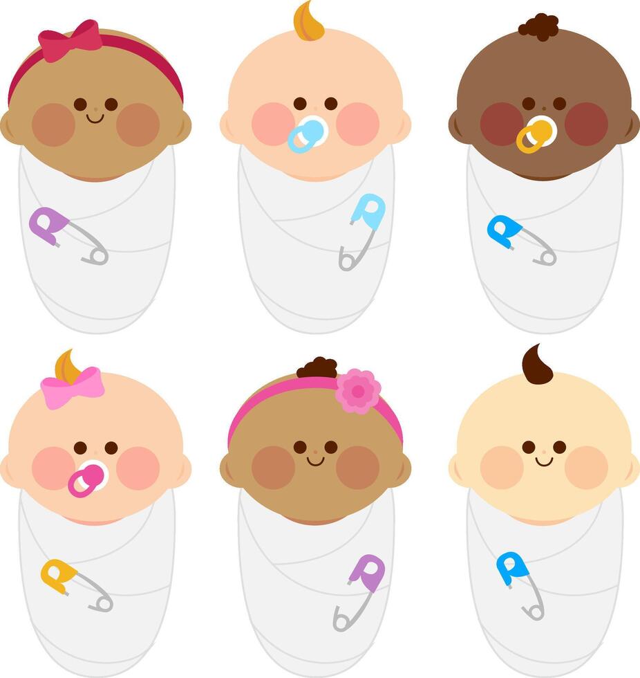 Diverse group of newborn babies wrapped in cloth blankets. Cute swaddled newborn baby infants. Illustration collection vector