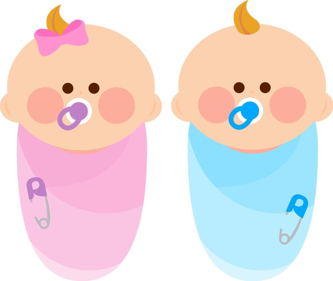 Cute swaddled newborn babies wrapped in pink and blue blankets. Newborn baby girl and boy twin infants wrapped in cloth. vector