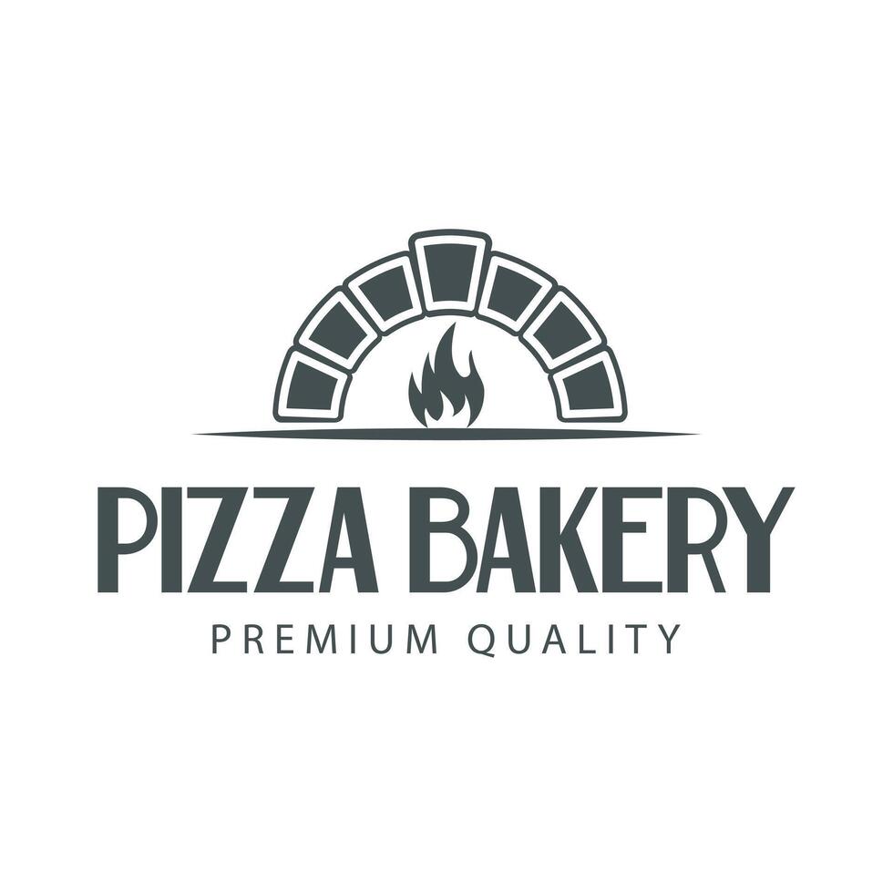 This illustration logo design features a silhouette of a pizza oven with a burning fire, creating a warm look, perfect for a restaurant brand, pizzeria vector