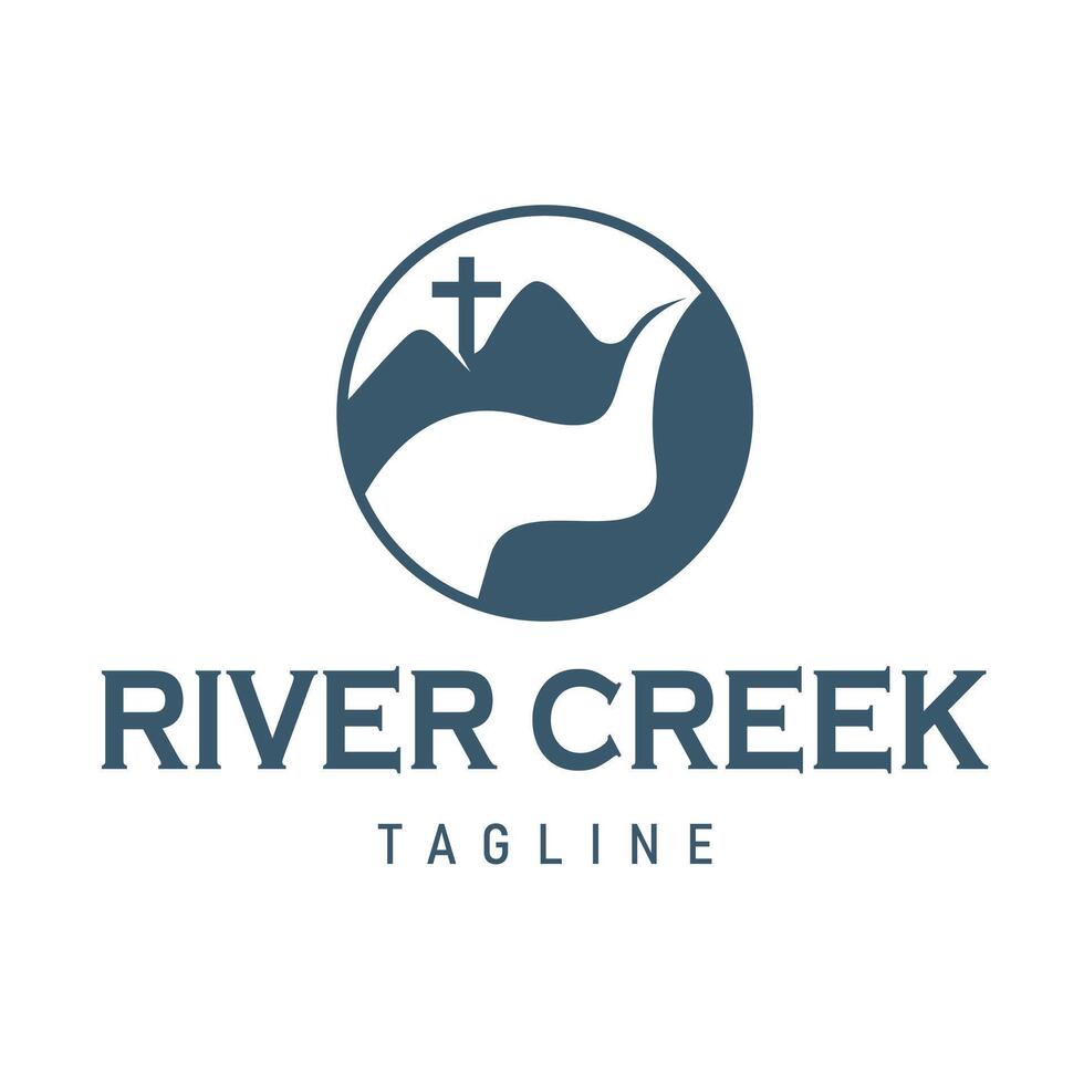 Religious Symbol circle logo design of Cross, flowing River, and mountains, suitable for Religious Community or Religious Organization Logo. vector