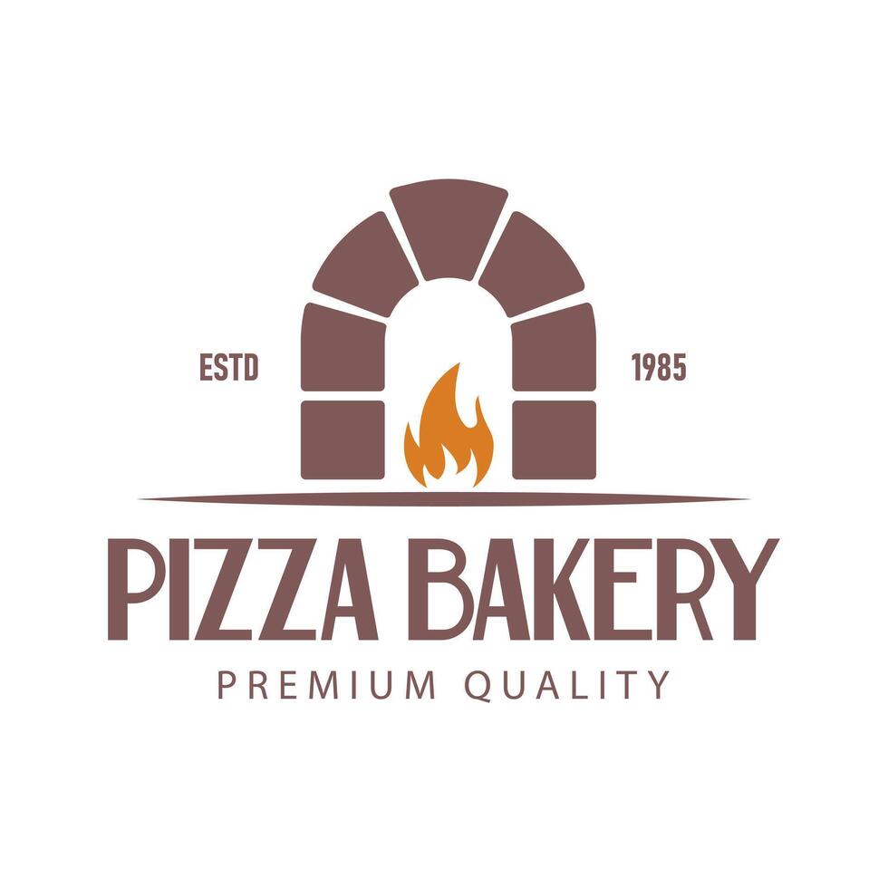 This illustration logo design features a silhouette of a pizza oven with a burning fire, creating a warm look, perfect for a restaurant brand, pizzeria, or culinary business. vector
