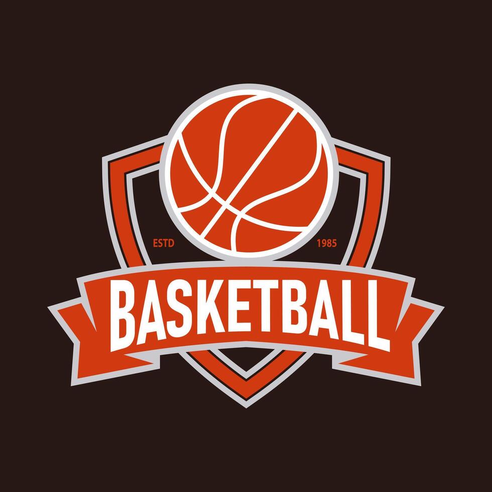 Basketball logo concept in the form of a shield with a ribbon suitable for basketball clubs, tournaments, or sports communities. dark background vector