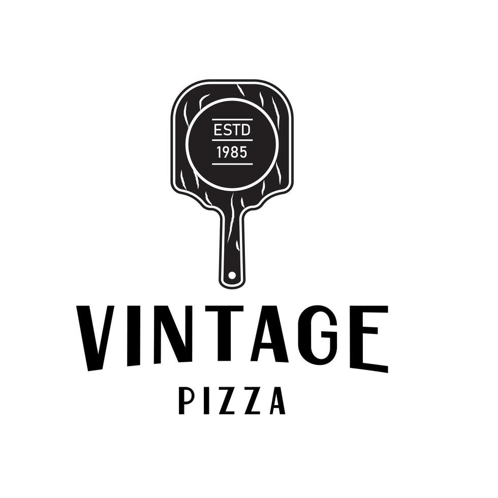 Vintage design logo with the main element being a wooden pizza board that has a natural texture. This logo is perfect for a pizzeria or restaurant. vector