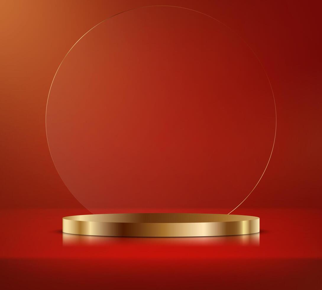 Red background 3d with gold podium. 3D abstract studio room with pedestal podium. Space for selling products, backdrop, wallpaper, background, text. illustration. vector