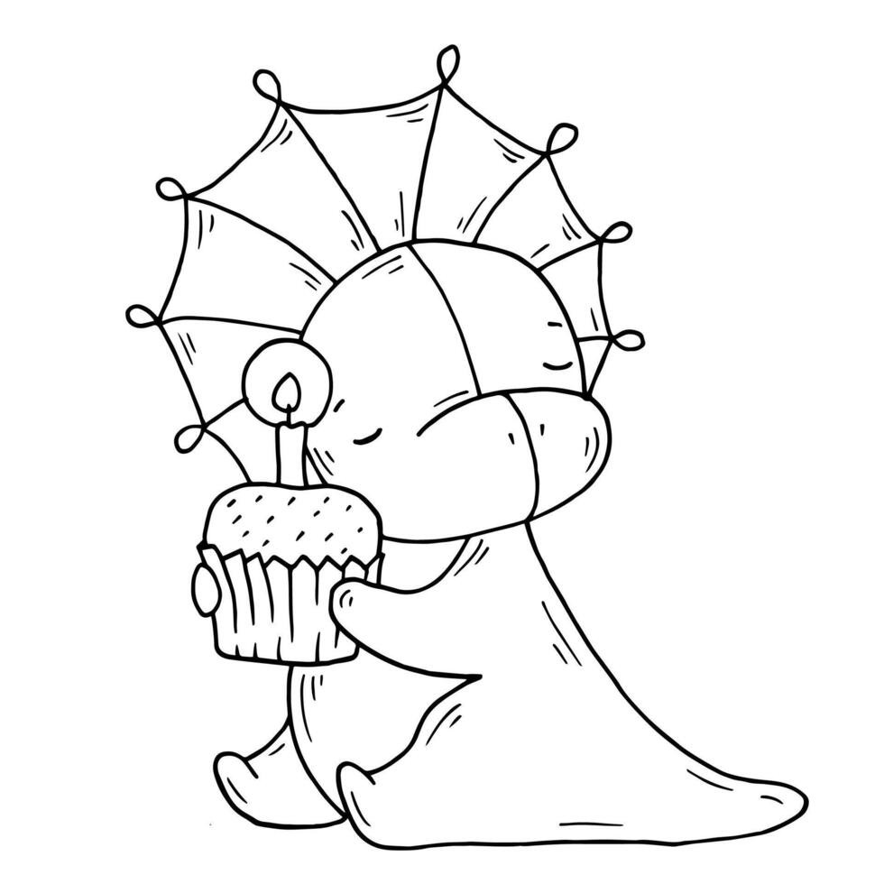 Graphic black and white little dinosaur and cake with candle. vector