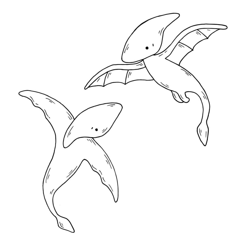 Graphic black and white little pterodactyls. vector