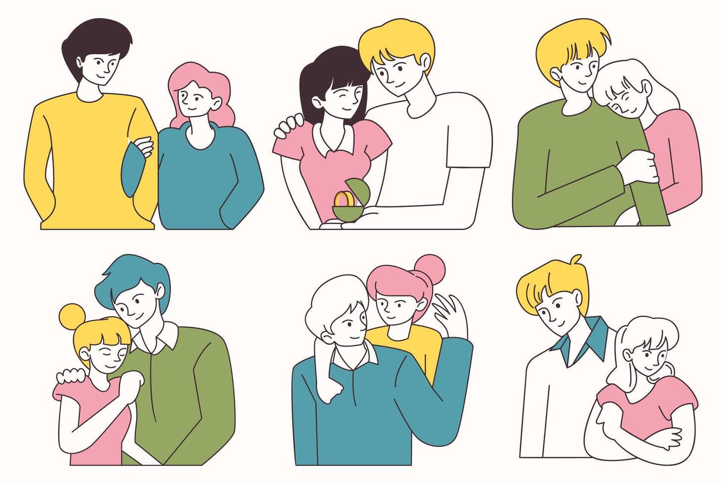 A set of cartoon drawings of people hugging. Romantic Couple in Valentine Day vector