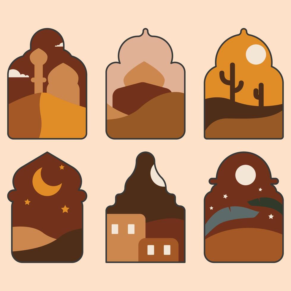 A set of six Arabian Windows Frame with buildings and landscapes vector