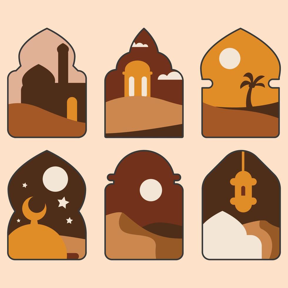 A set of six Islamic and Arabian buildings and landscapes with frame and windows vector