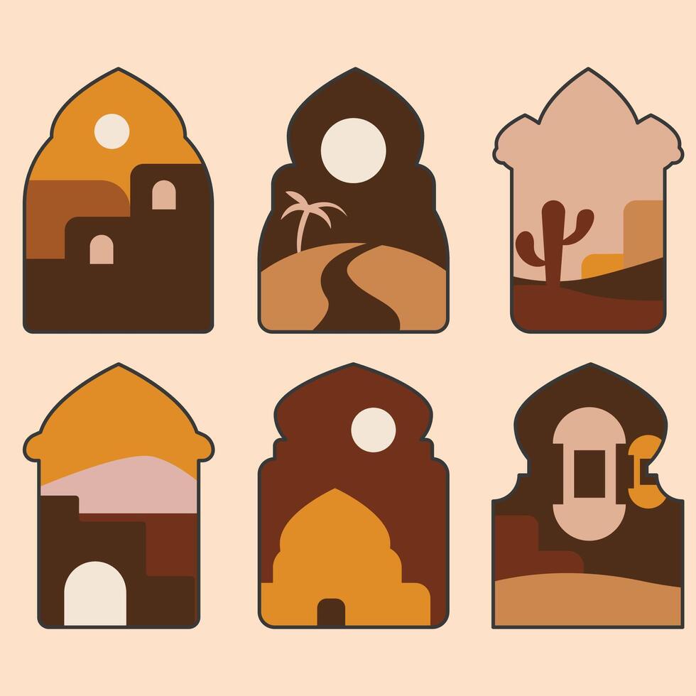 A set of Islamic windows drawings of buildings and landscapes vector